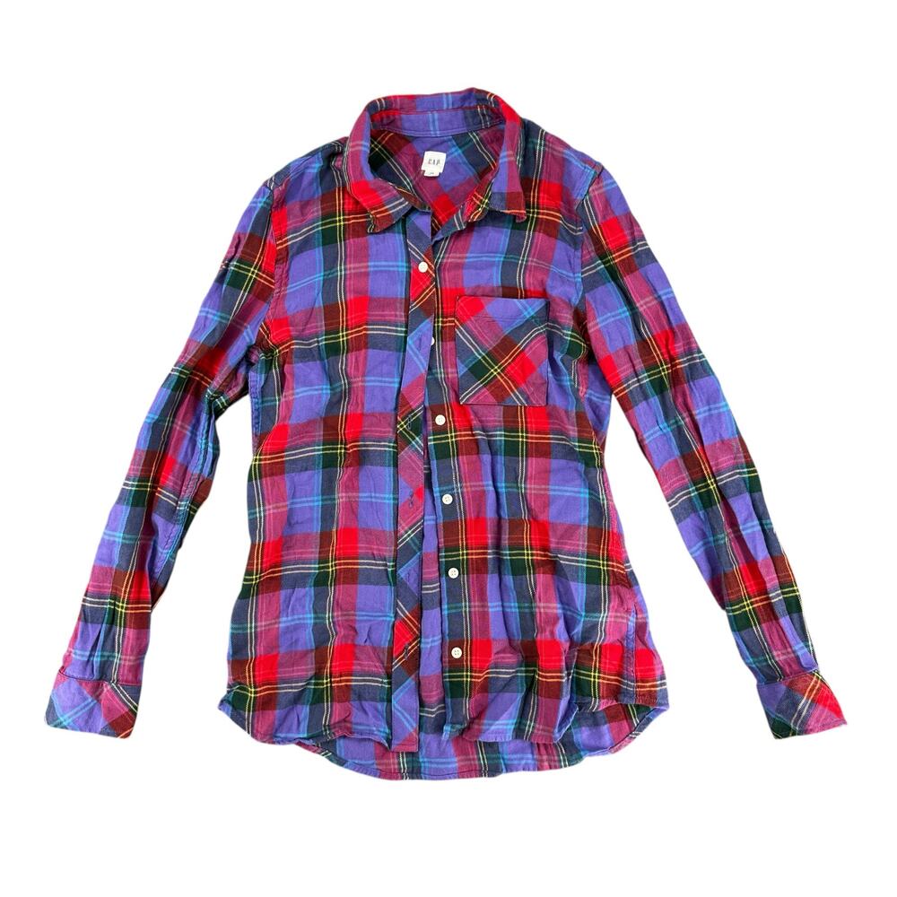 Vintage Y2K 90s Gap Red Blue Flannel Collard Shirt Long Sleeve Soft XS
